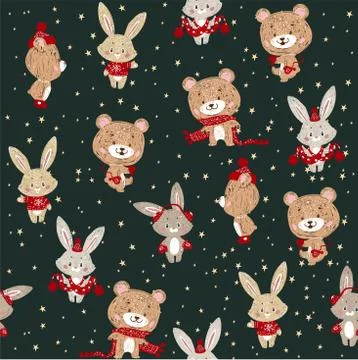 Seamless vector pattern with cute bunny and bear in scarf and hat. Can be use Stock Illustration