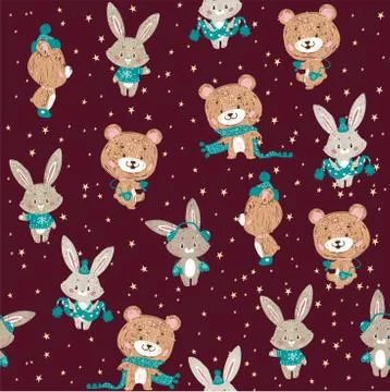 Seamless vector pattern with cute bunny and bear in scarf and hat. Can be use イラスト素材