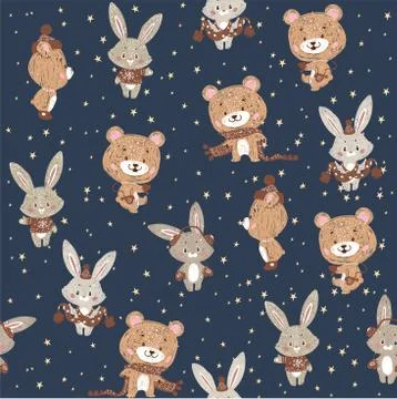Seamless vector pattern with cute bunny and bear in scarf and hat. Can be use Stock Illustration