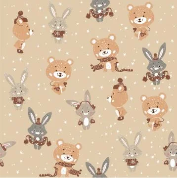 Seamless vector pattern with cute bunny and bear in scarf and hat. Can be use Stock-Illustration