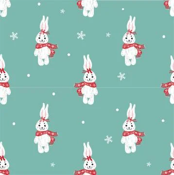 Seamless vector pattern with cute bunny in scarf . Can be used for wallpaper, Illustrazione stock