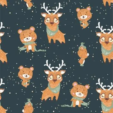 Seamless vector pattern with cute bunny, deer and bear in scarf and hat. Can  Stock Illustration