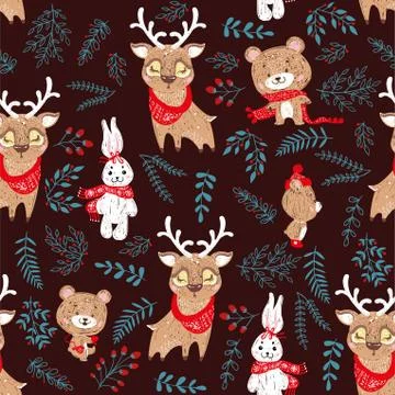 Seamless vector pattern with cute bunny, deer and bear in scarf and hat. Can  Stock Illustration
