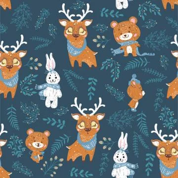 Seamless vector pattern with cute bunny, deer and bear in scarf and hat. Can  Illustrazione stock