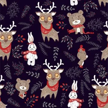 Seamless vector pattern with cute bunny, deer and bear in scarf and hat. Can  Stock Illustration