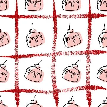 Seamless vector pattern with cute cake with cream, cherry and red stripes Stock Illustration
