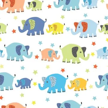 Seamless vector pattern with cute cartoon baby elephant rows Stock Illustration