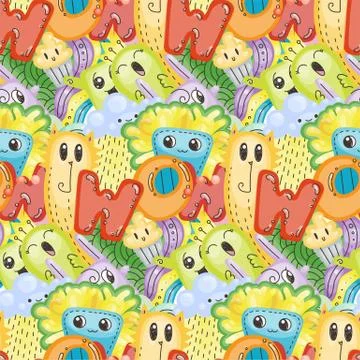 Seamless vector pattern with cute cartoon monsters and beasts. Nice for packa Stock Illustration