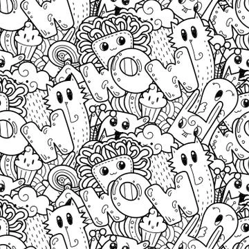Seamless vector pattern with cute cartoon monsters and beasts. Nice for packa Stock Illustration