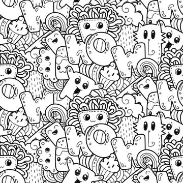 Seamless vector pattern with cute cartoon monsters and beasts. Nice for packa Stock Illustration