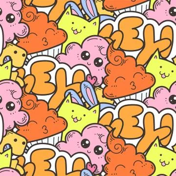 Seamless vector pattern with cute cartoon monsters and beasts. Nice for packa Stock Illustration