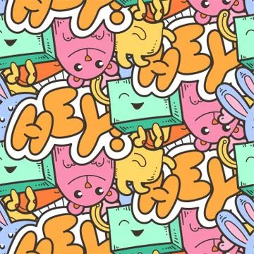 Seamless vector pattern with cute cartoon monsters and beasts. Nice for packa Stock Illustration