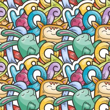 Seamless vector pattern with cute cartoon monsters and beasts. Nice for packa Stock Illustration