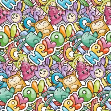 Seamless vector pattern with cute cartoon monsters and beasts. Nice for packa 스톡 일러스트