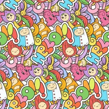 Seamless vector pattern with cute cartoon monsters and beasts. Nice for packa 스톡 일러스트