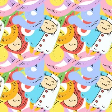 Seamless vector pattern with cute cartoon monsters and beasts. Nice for packa Stock Illustration