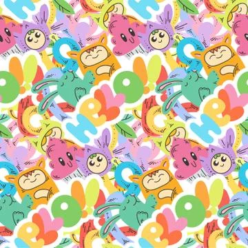 Seamless vector pattern with cute cartoon monsters and beasts. Nice for packa Stock Illustration