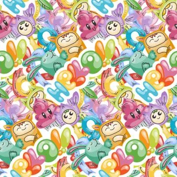 Seamless vector pattern with cute cartoon monsters and beasts. Nice for packa 스톡 일러스트