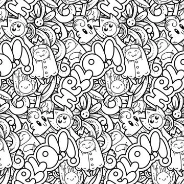 Seamless vector pattern with cute cartoon monsters and beasts. Nice for packa 스톡 일러스트