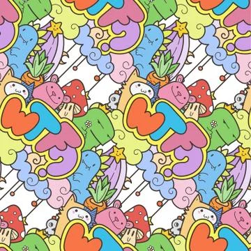 Seamless vector pattern with cute cartoon monsters and beasts. Nice for packa Stock Illustration