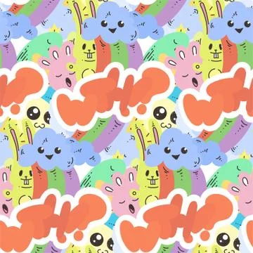 Seamless vector pattern with cute cartoon monsters and beasts. Nice for Stock Illustration