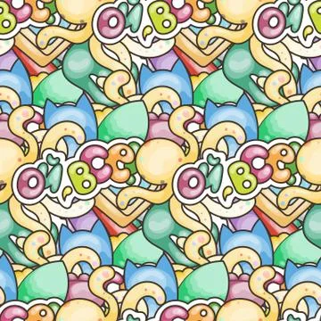 Seamless vector pattern with cute cartoon monsters and beasts. Nice for packa Stock Illustration
