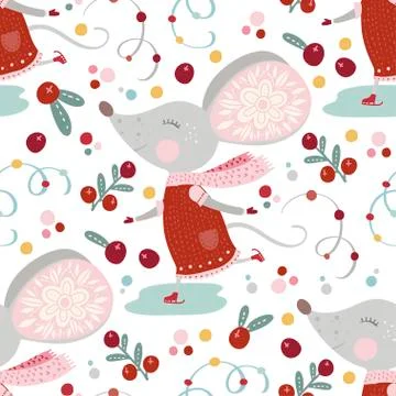 Seamless vector pattern with cute cartoon mouse. Stock Illustration
