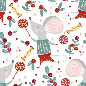 Seamless vector pattern with cute cartoon mouse. Stock Illustration