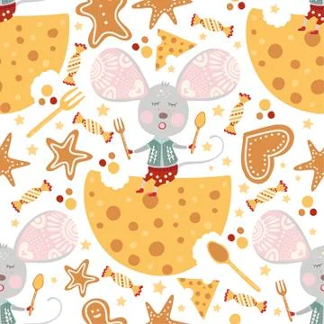 Seamless vector pattern with cute cartoon mouse. Illustrazione stock