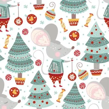 Seamless vector pattern with cute cartoon mouse. Illustrazione stock
