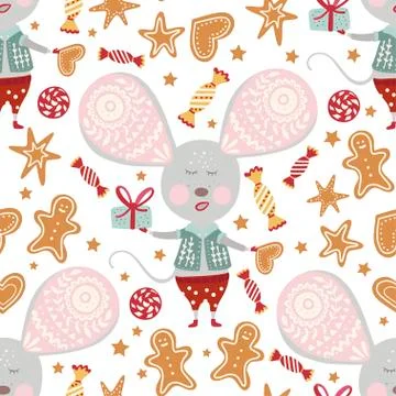 Seamless vector pattern with cute cartoon mouse. 스톡 일러스트