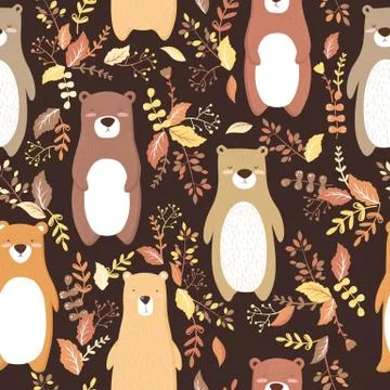 Seamless vector pattern with cute cartoon bears and colorful floral elements  Stock Illustration
