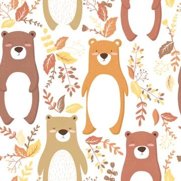 Seamless vector pattern with cute cartoon bears and colorful floral elements  Stock Illustration