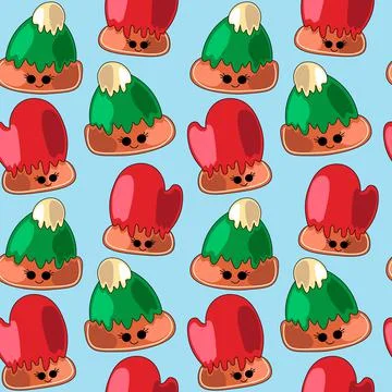 Seamless vector pattern with cute cartoon mitten and hat Stock Illustration