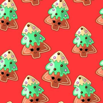Seamless vector pattern with cute cartoon christmas tree Stock Illustration
