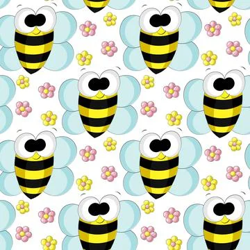 Seamless vector pattern with cute cartoon bee and flower Stock Illustration