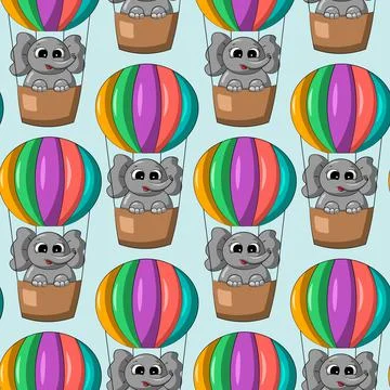Seamless vector pattern with cute cartoon elephant in a hot air ballon Illustrazione stock