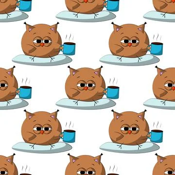 Seamless vector pattern with cute cartoon owl with pillow and coffee Stock Illustration