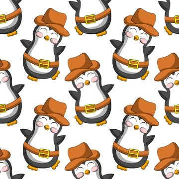 Seamless vector pattern with cute cartoon penguin cowboy Illustrazione stock