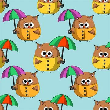 Seamless vector pattern with cute cartoon owl in raincoat with umbrella Stock Illustration