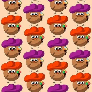 Seamless vector pattern with cute cartoon owl in hat wite ice cream Stock Illustration