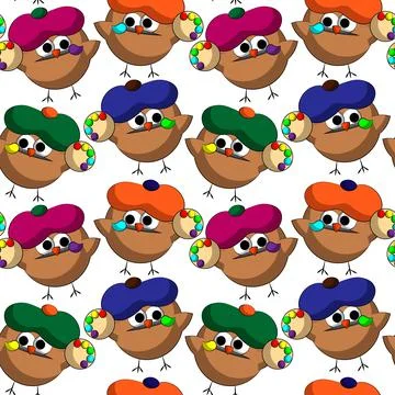 Seamless vector pattern with cute cartoon owl artist Stock Illustration