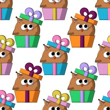 Seamless vector pattern with cute cartoon owl in colors gift box イラスト素材