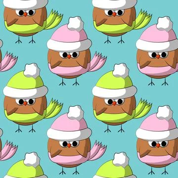 Seamless vector pattern with cute cartoon owl in winters hat and scarf イラスト素材