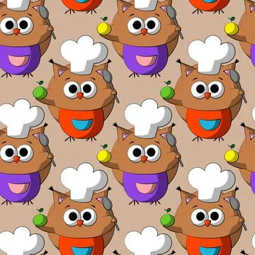 Seamless vector pattern with cute cartoon owl chef Illustrazione stock