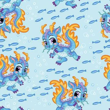 Seamless vector pattern cute cartoon water dragon and fishes Stock Illustration
