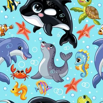 Seamless vector pattern cute cartoon water animals Stock Illustration