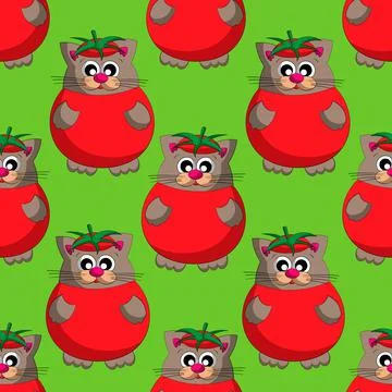 Seamless vector pattern with cute cartoon cat in tomato Illustrazione stock