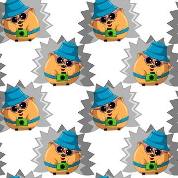 Seamless vector pattern with cute cartoon Hedgehog Tourist with camera Illustrazione stock