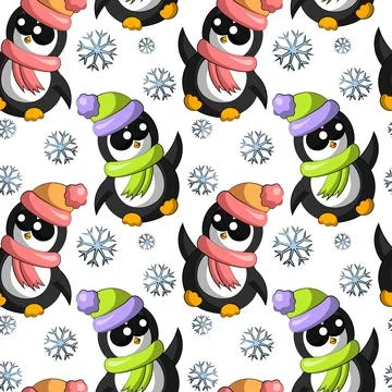 Seamless vector pattern with cute cartoon penguin with snowflake Illustrazione stock